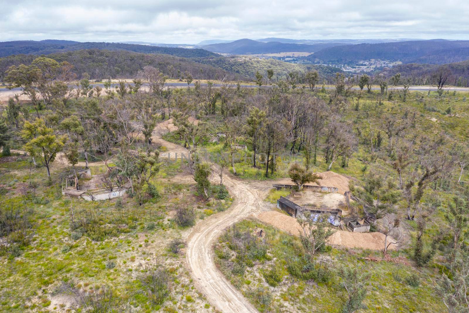 Aerial photograph of a dirt track and forest regeneration after bushfires near Clarence in the Central Tablelands in regional New South Wales in Australia