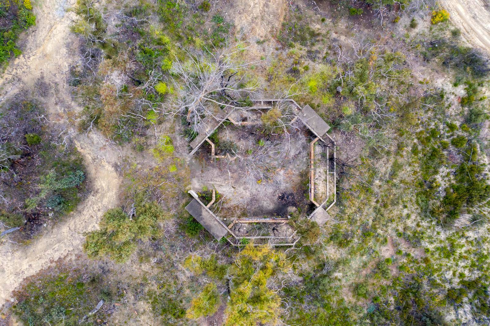 Aerial photograph of structural ruins and forest regeneration after bushfires near Clarence in the Central Tablelands in regional New South Wales in Australia