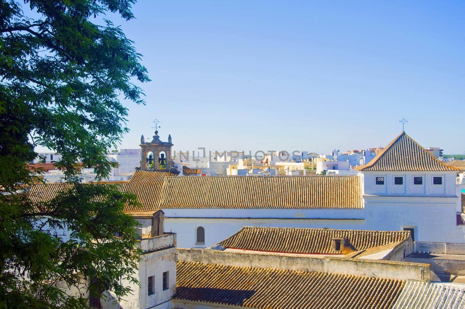 Summer city view, white houses with orange roofs, green trees, Spain by Bezdnatm