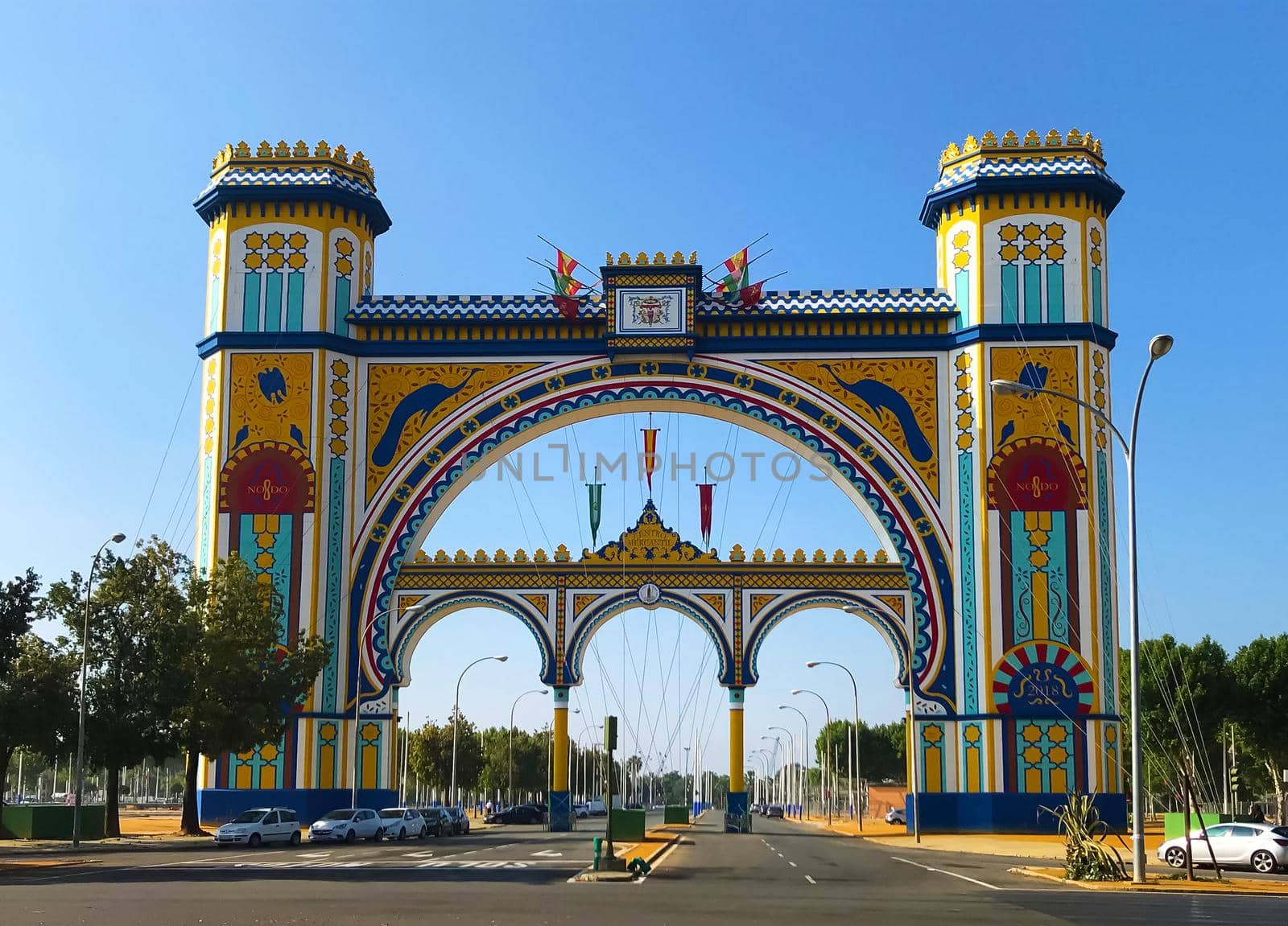 Multicolored main entrance of the Fair 2018 in April, Seville, Spain