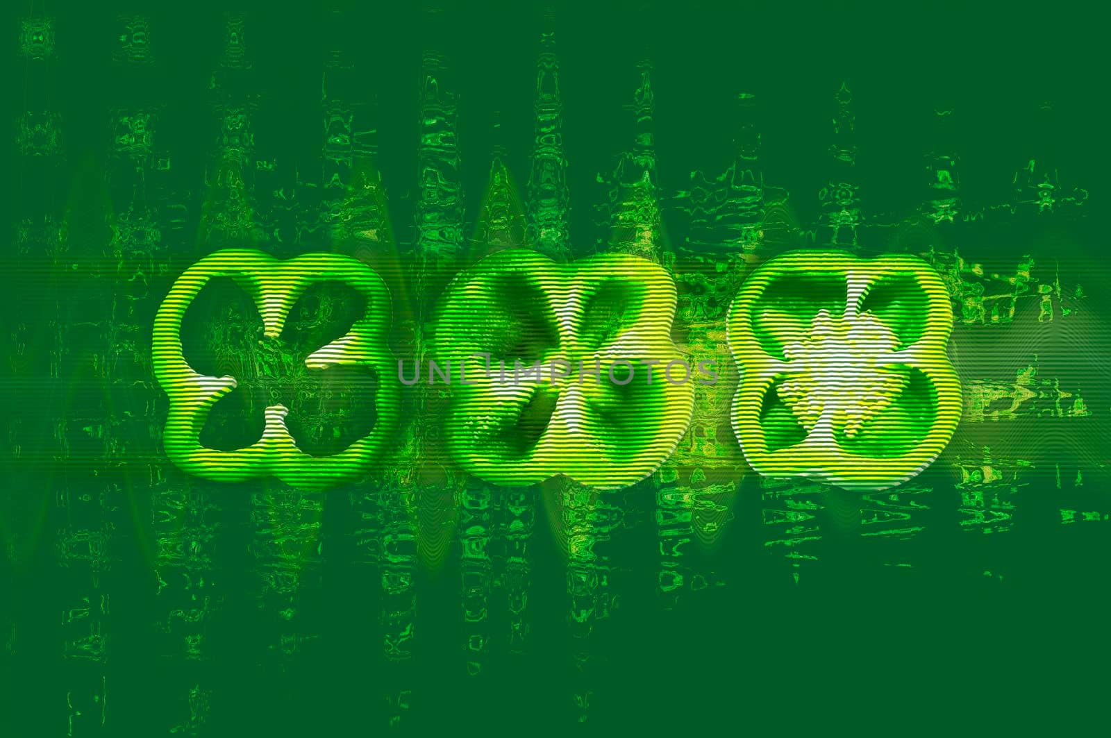 Three green cutted peppers with glitch effect, top view