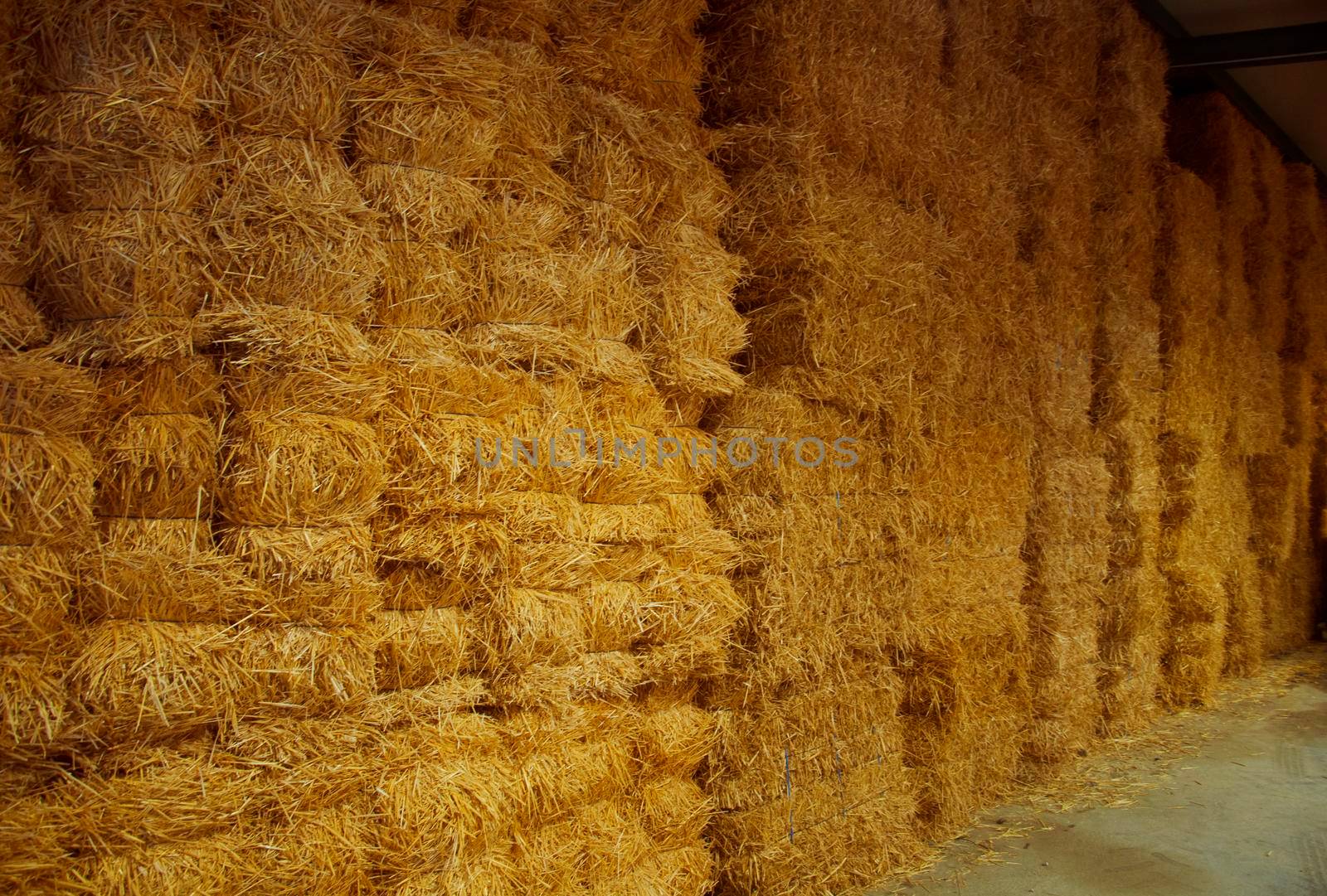 Wall of big packs of hay in the storehouse, Spain
