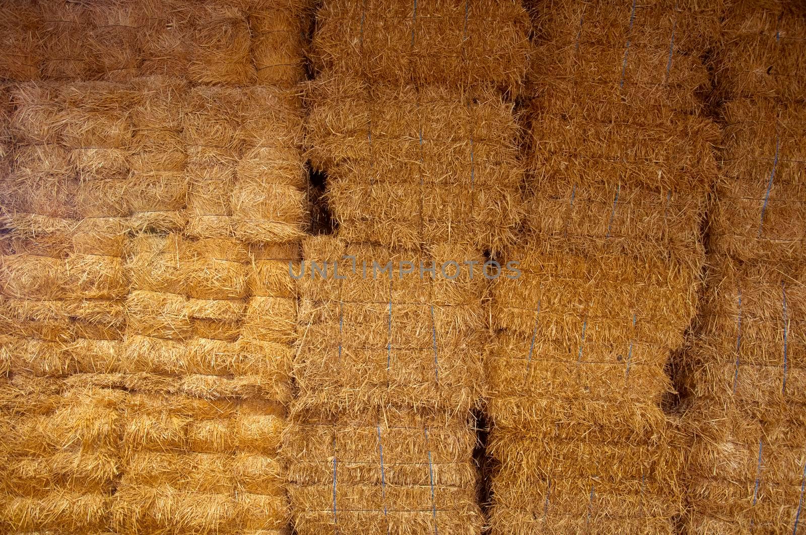 Wall of big bricks of hay in the barn, farm, autumn