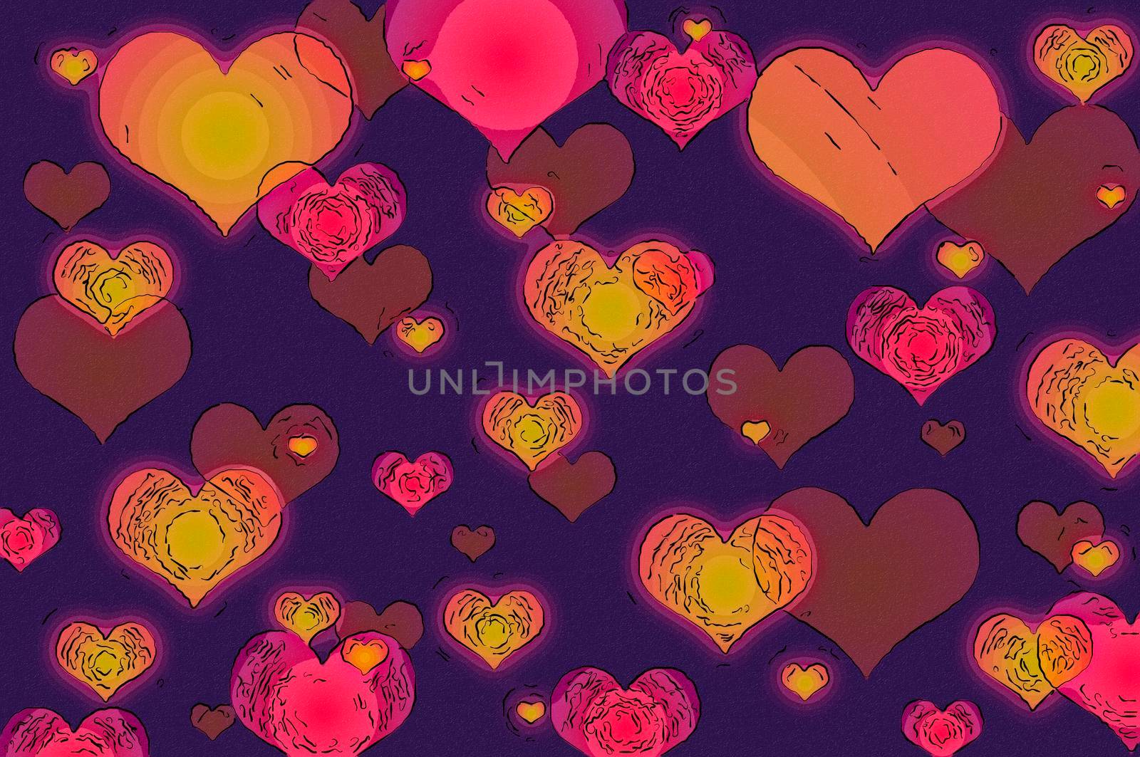 Multicolored hearts with drawing effect, dark violet background