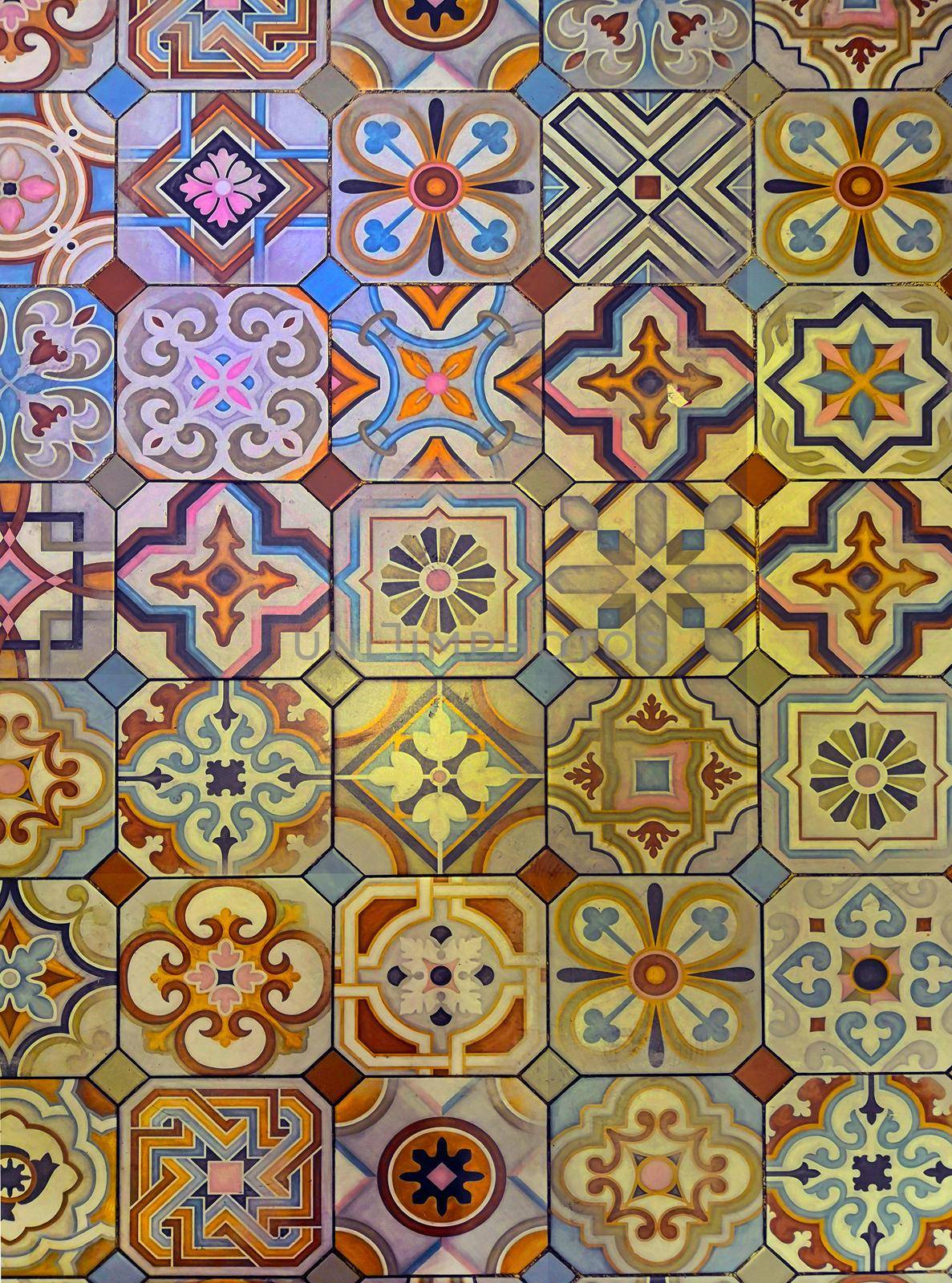 Multicolored patterned tile floor in restaurant, Spain
