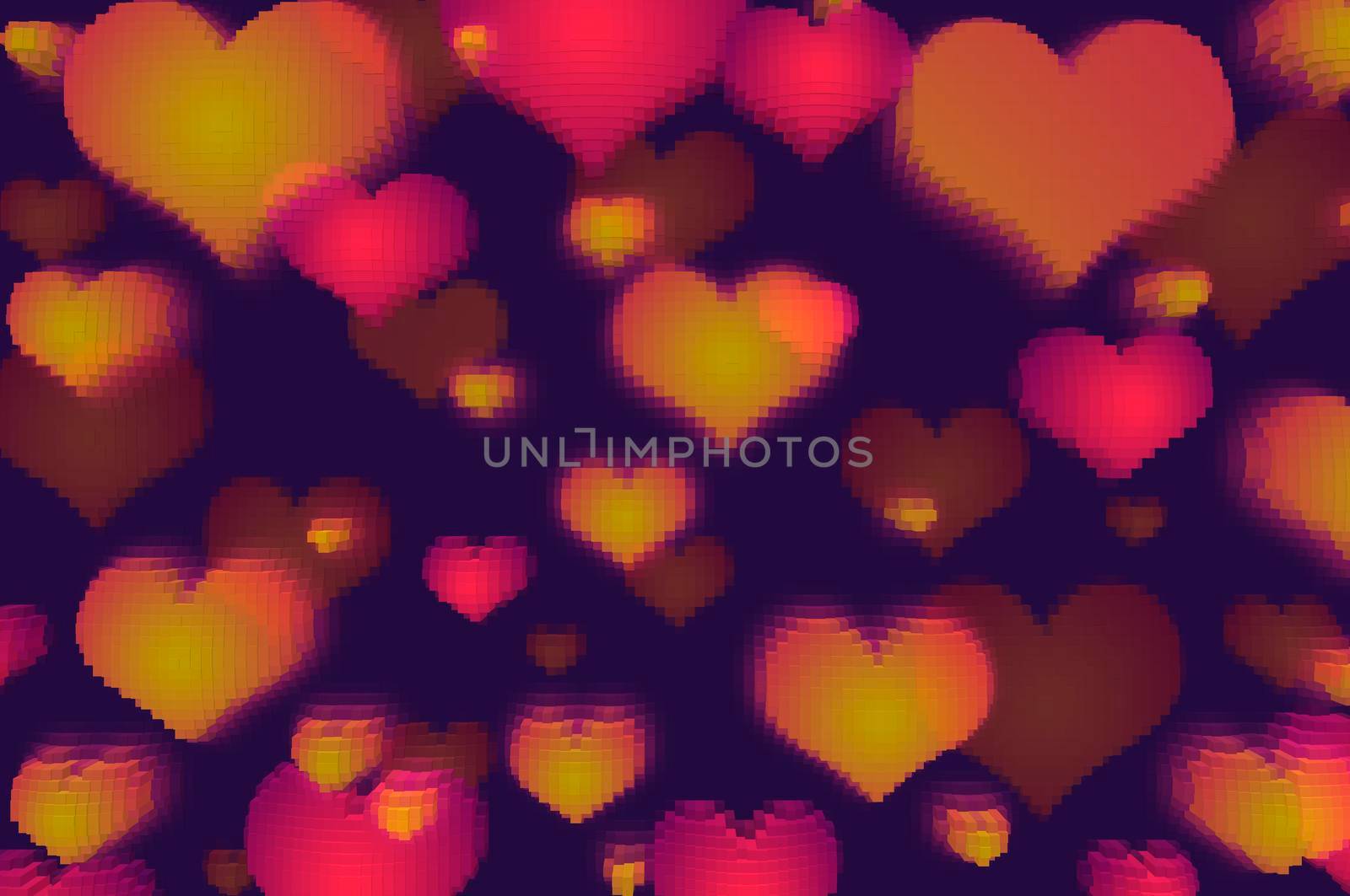 Multicolored different hearts, pixel effect, dark violet background