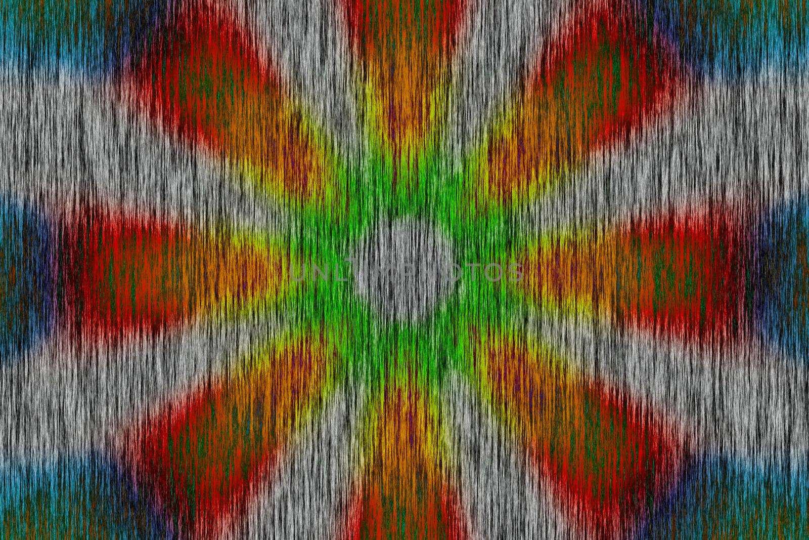 Blue, red, orange, yellow, green and grey radial circle pattern, wood effect