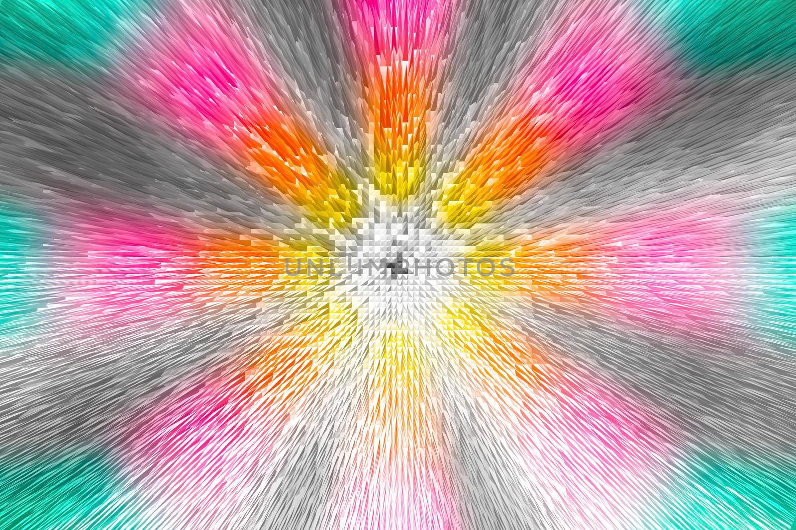 White, grey, blue, pink, orange and yellow radial pattern with effect