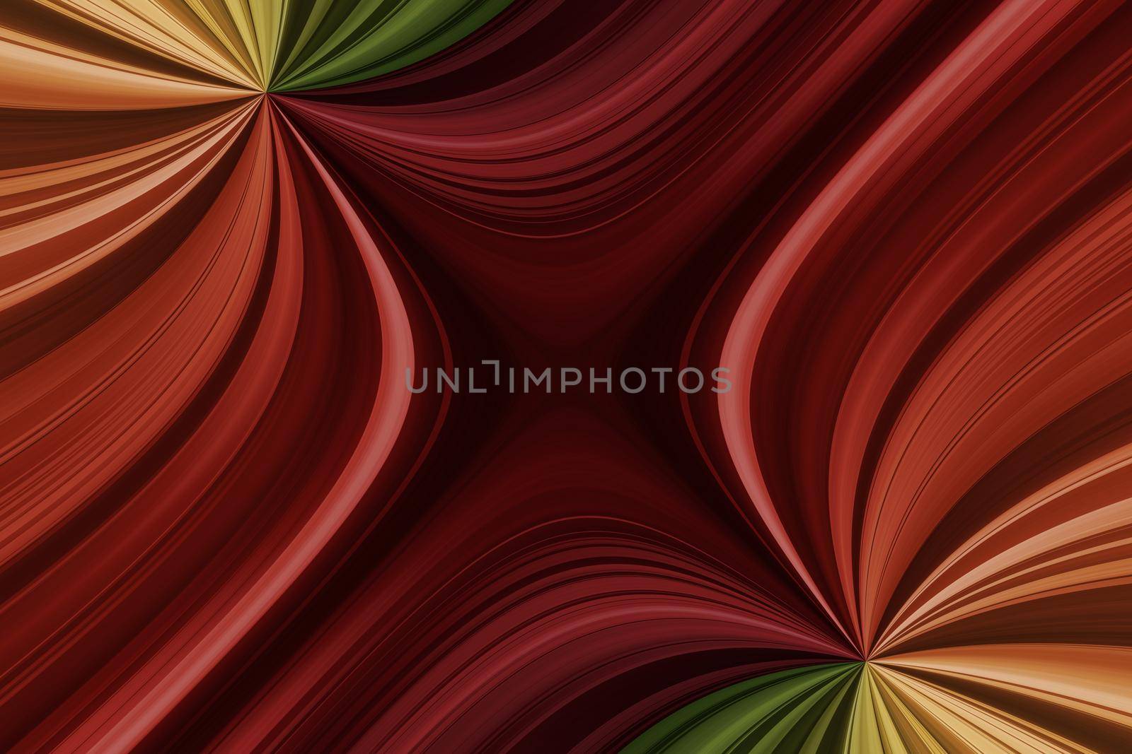 Red, green, orange and yellow curved lines, abstract fantasy background with fan effect