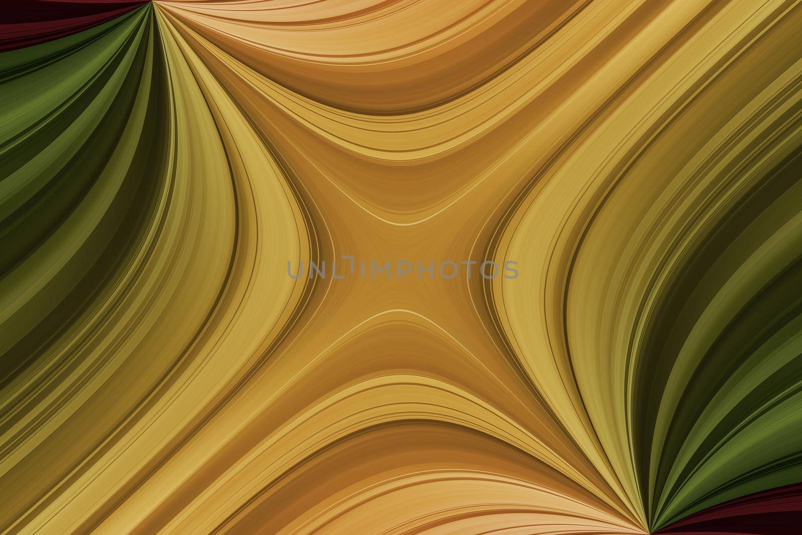 Yellow, green and red diagonal curved lines, abstract background with fan effect