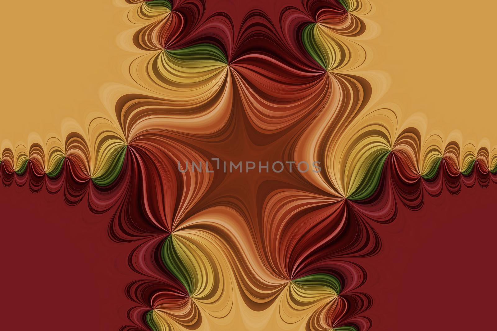 Red, orange, yellow, green curved lines with kaleidoscopic effect, abstract decorative background, seamless pattern