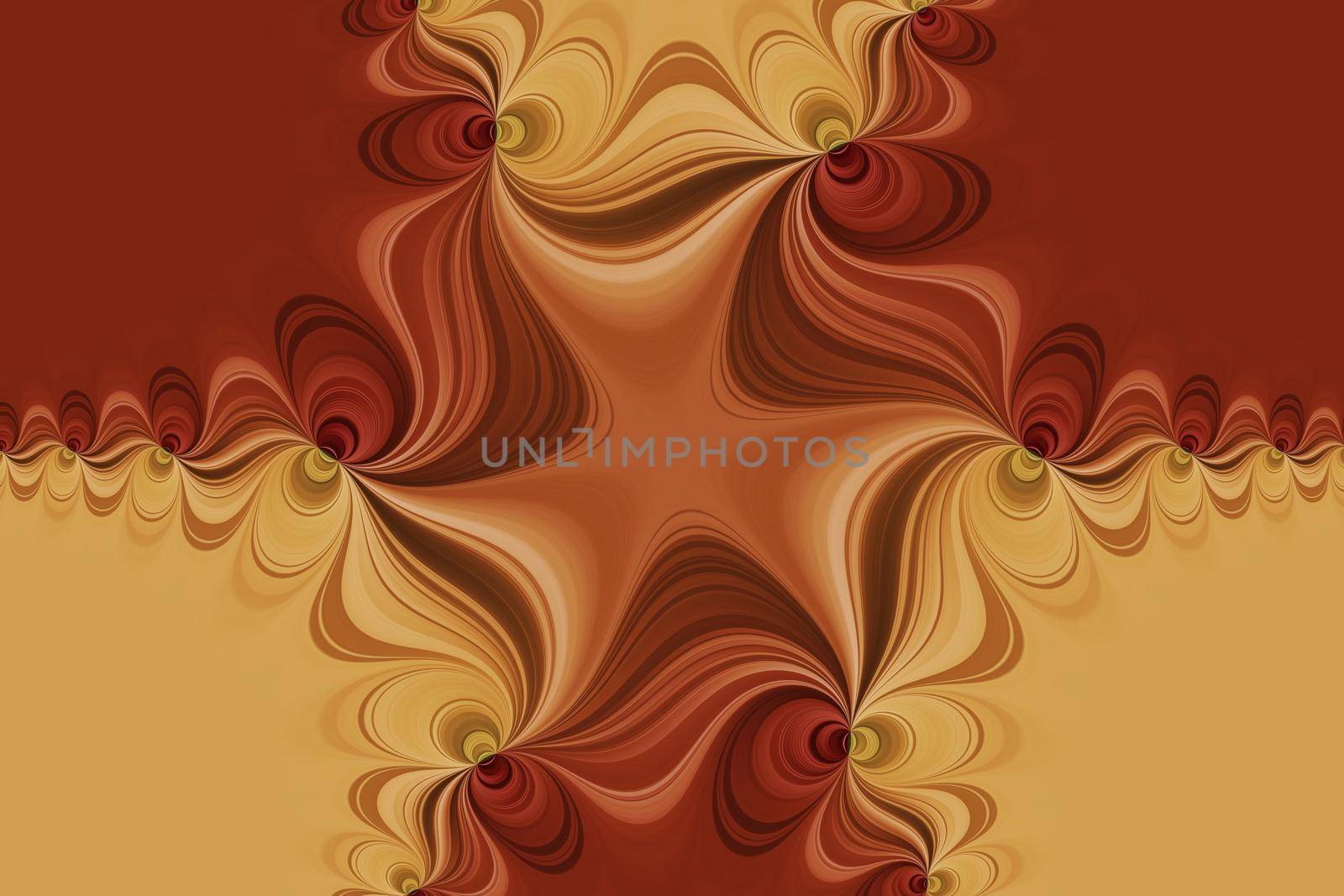 Red, orange and yellow curved lines with kaleidoscopic effect, abstract decorative background, seamless pattern