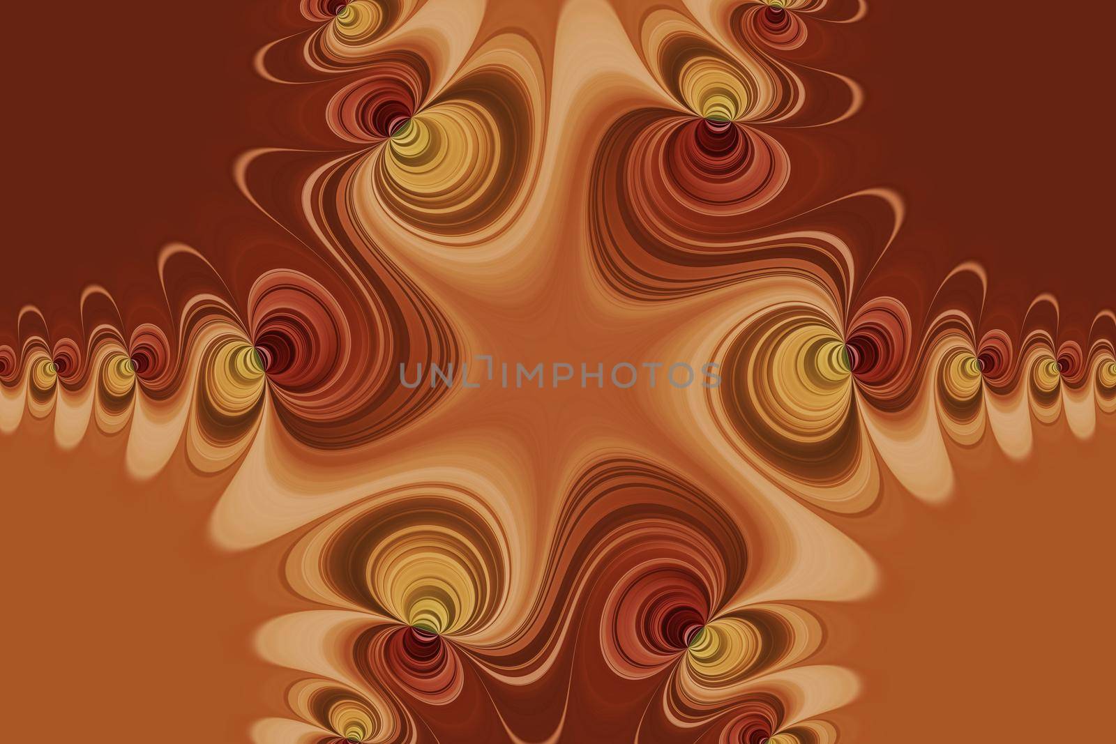 Brown, orange and yellow curved lines with kaleidoscopic effect, abstract fantasy background, seamless pattern