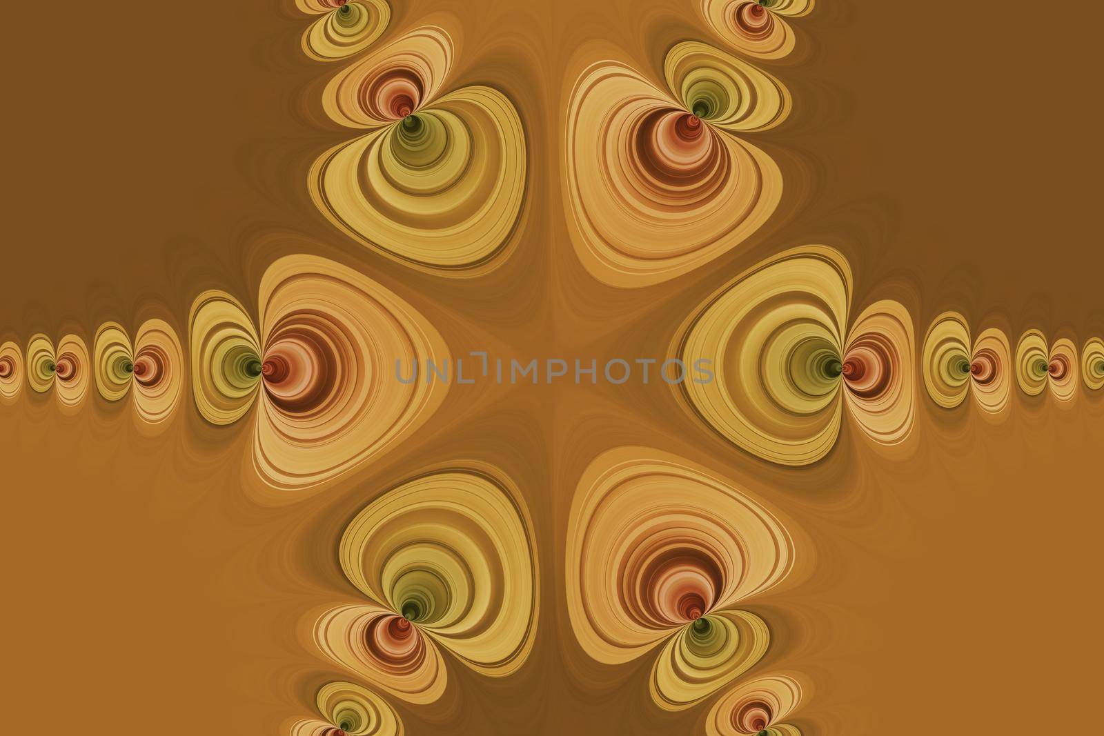 Big abstract yellow flower with green and red curved lines, kaleidoscopic effect, fantasy background