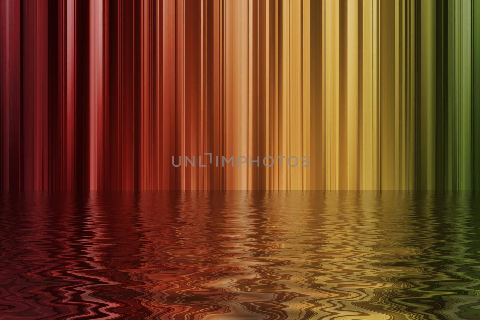 Red, orange, yellow, green vertical lines going under the water, abstract background