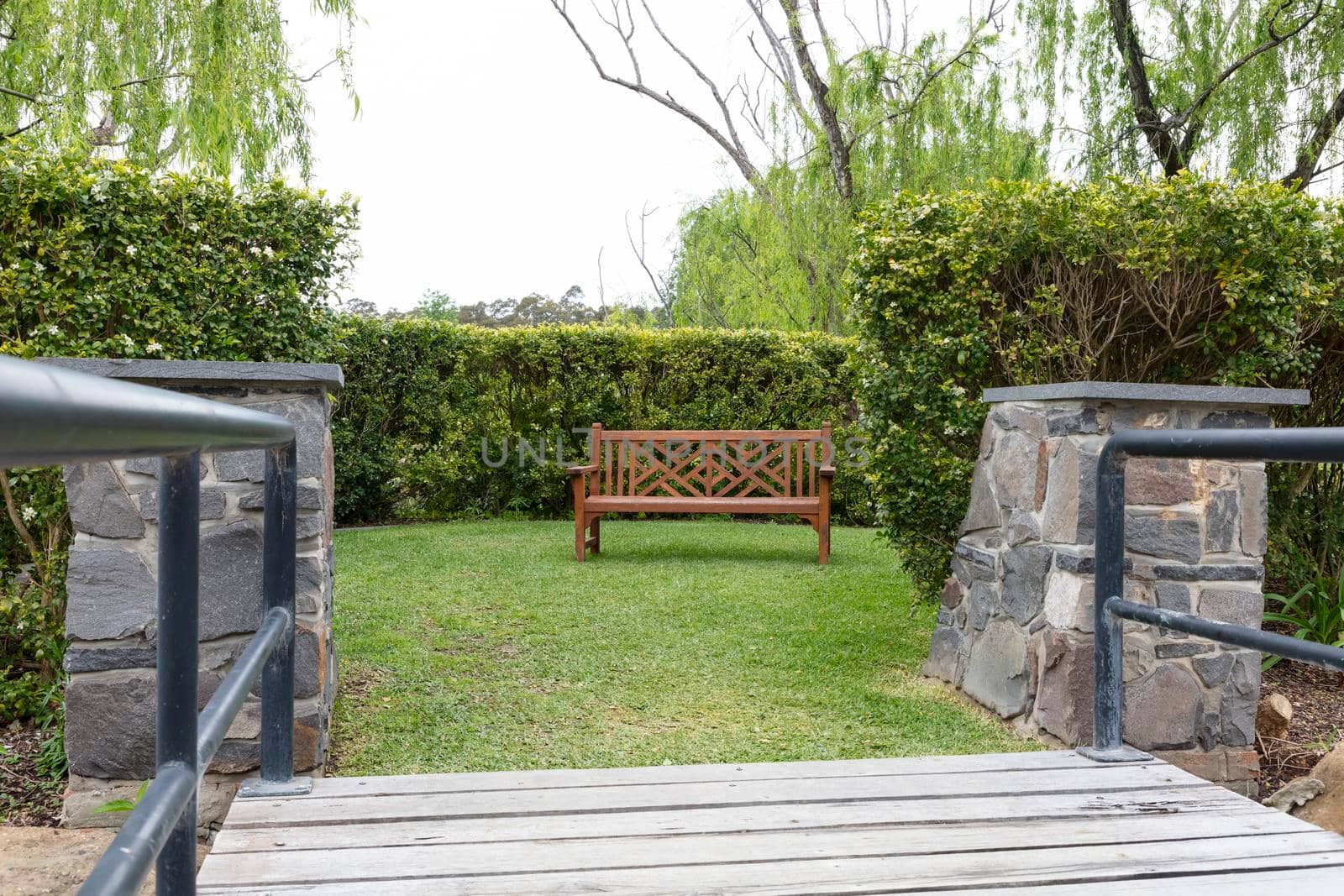 A wooden bench on grass near a hedge in a large garden