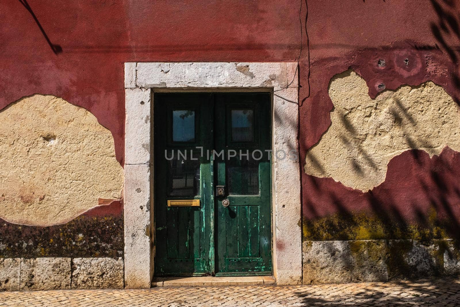Partial view of the facade of a building located in the old neighborhood of Alfama in Lisbon. The entrance door is green and the exterior plaster is maroon. The wall is deteriorated by mold, rising damp and peeling plaster.