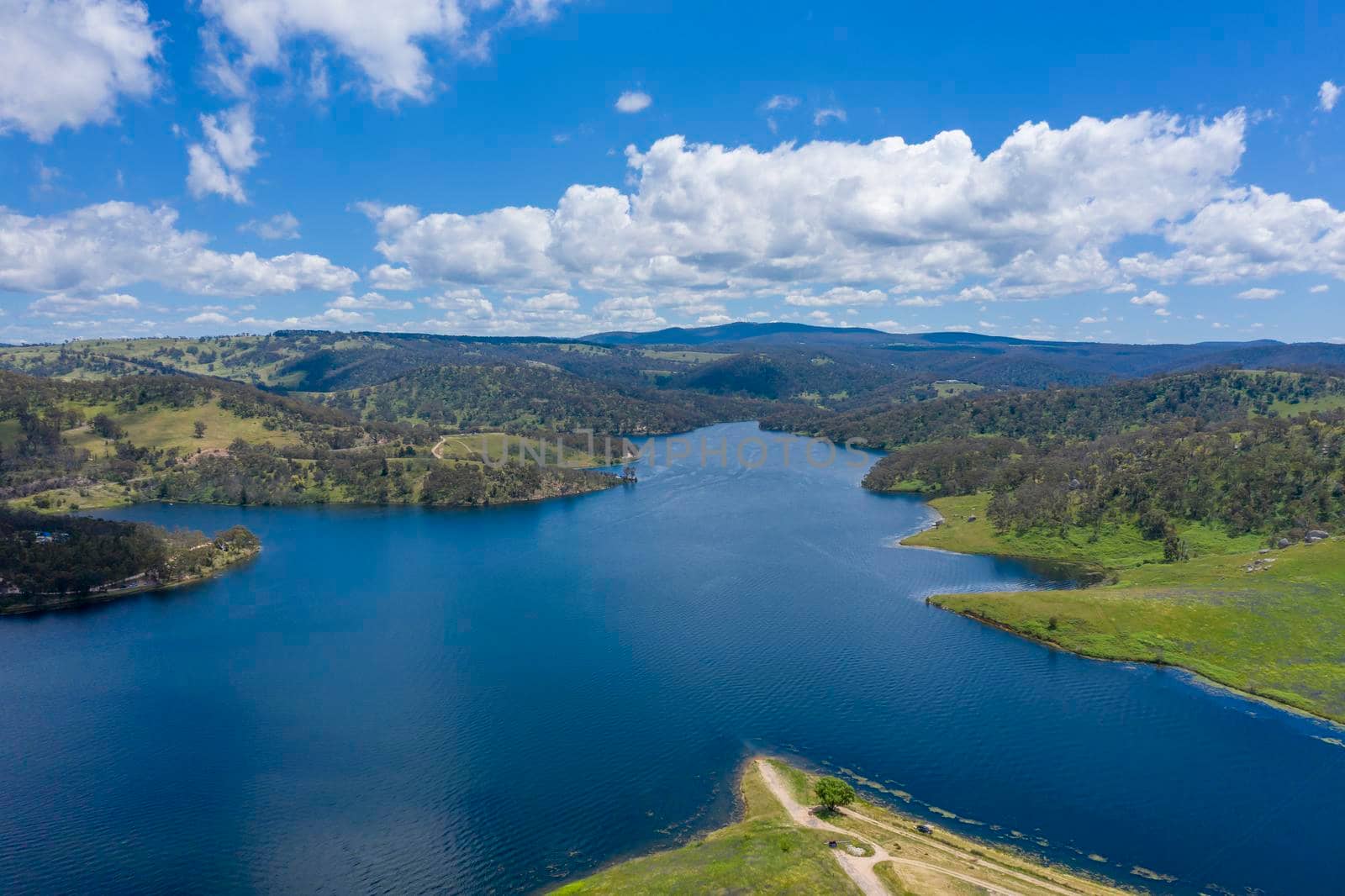 Aerial view of recreational Lake Lyell near Lithgow in regional New New South Wales Australia