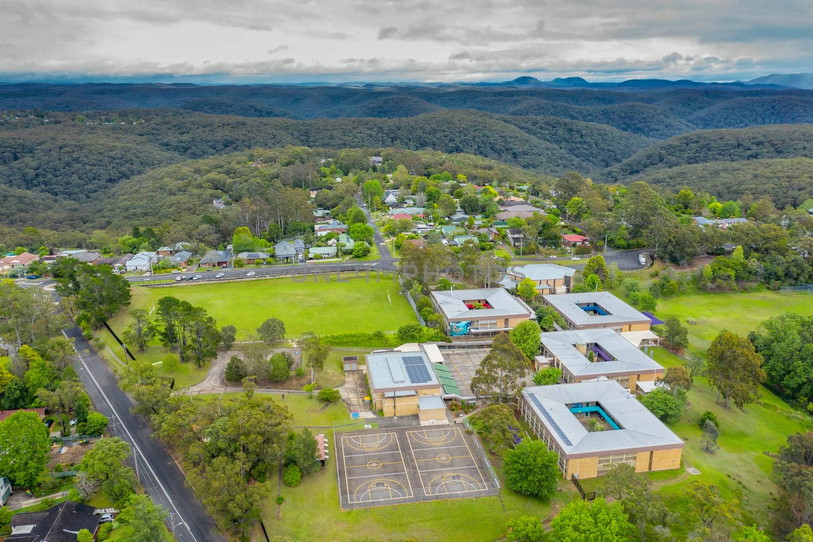 Aerial view of Springwood High School in regional New South Wales in Australia by WittkePhotos