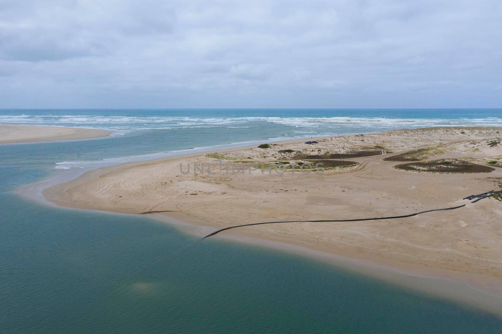 Aerial view of the beach at the mouth of the Murray River in South Australia