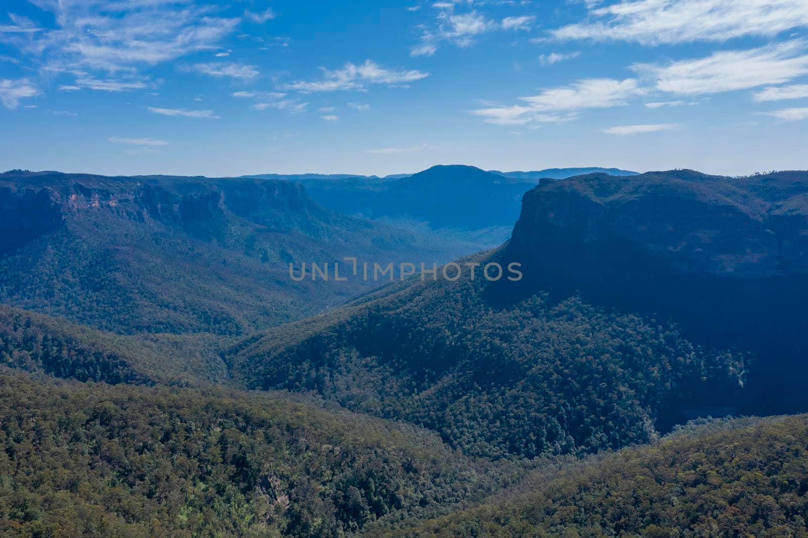 Aerial view of The Grand Canyon near the township of Medlow Bath in The Blue Mountains in regional New South Wales in Australia