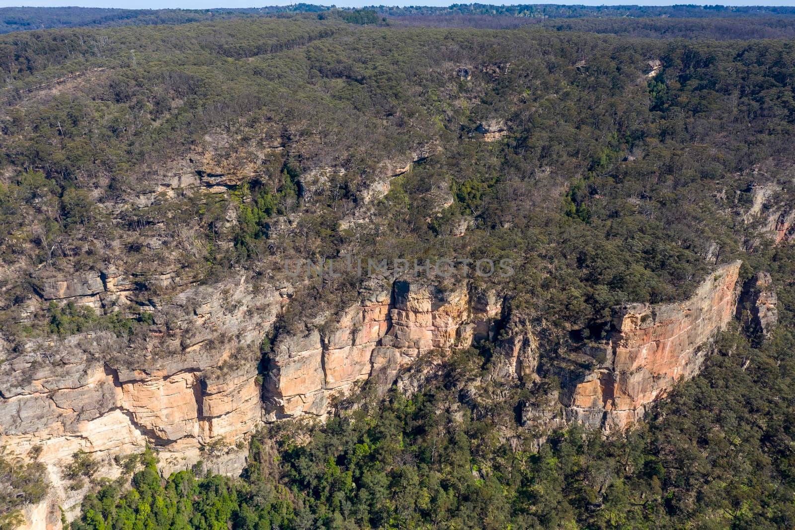 Aerial view of The Grand Canyon near the township of Medlow Bath in The Blue Mountains in regional New South Wales in Australia