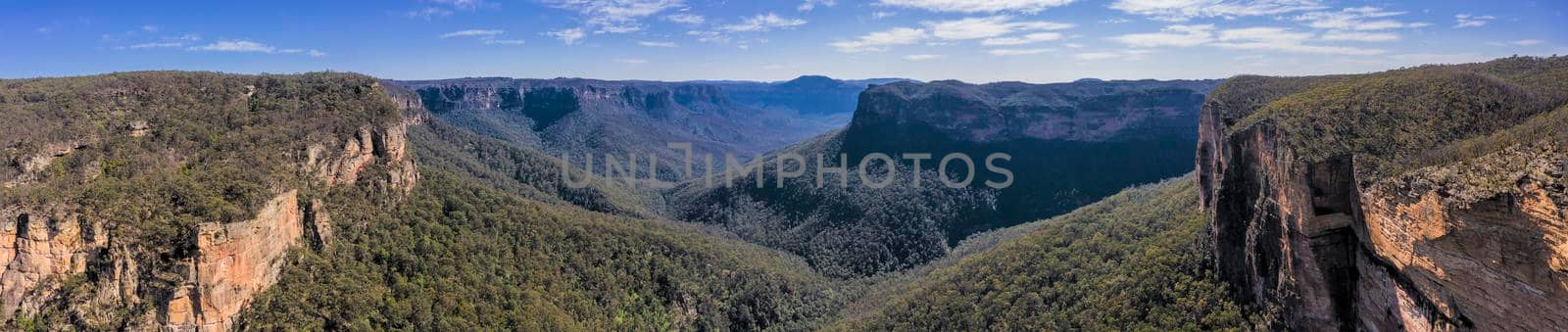 Aerial view of The Grand Canyon near the township of Medlow Bath in The Blue Mountains in regional New South Wales in Australia