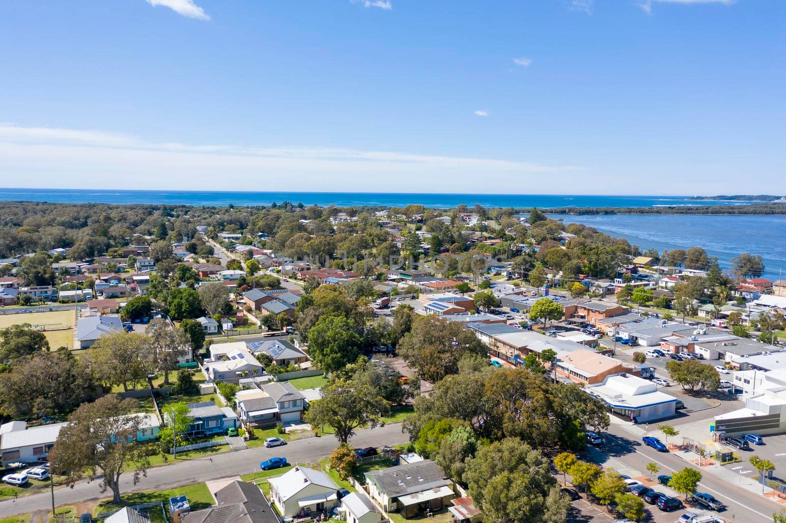 Aerial view of Lake Munmorah and the township of Budgewoi on the central coast of regional New South Wales in Australia