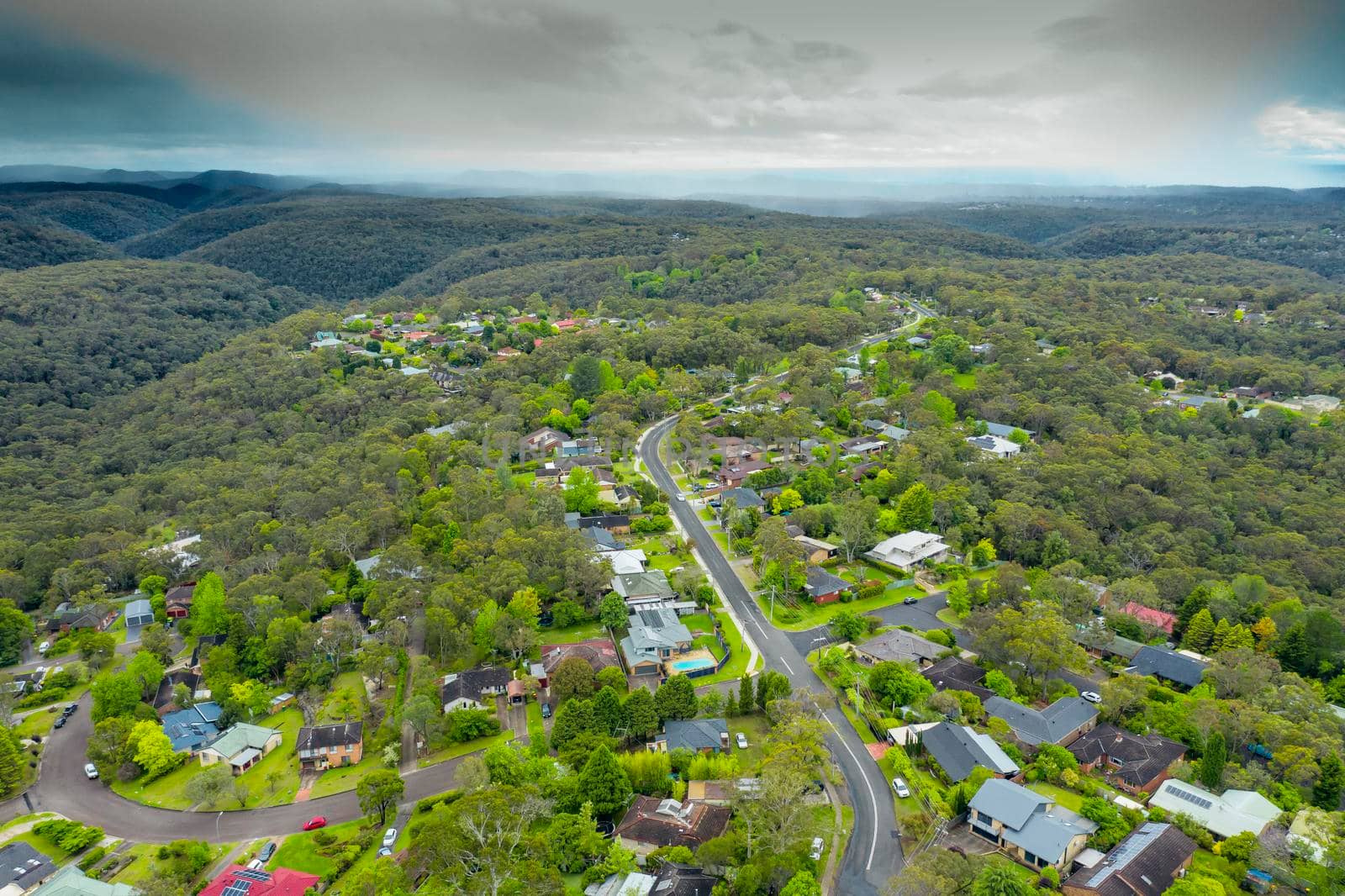 Aerial view of the township of Faulconbridge in The Blue Mountains in regional New South Wales in Australia