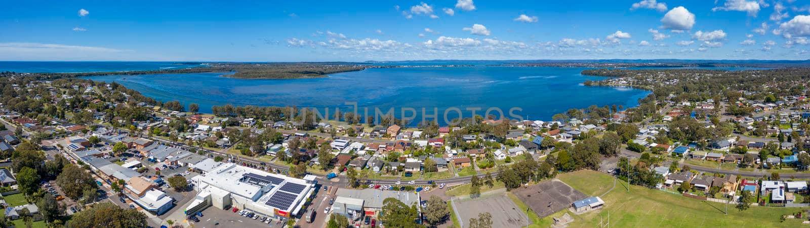 Aerial view of Lake Munmorah and the township of Budgewoi on the central coast of regional New South Wales in Australia