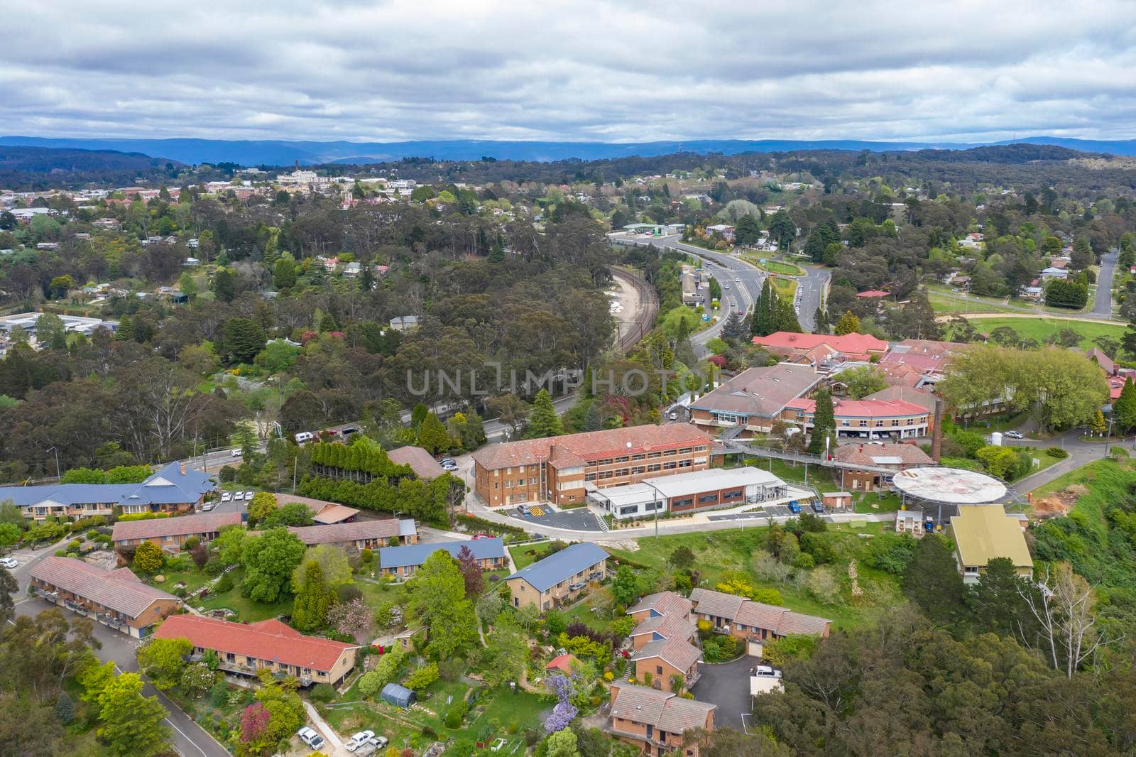 Aerial view of the township of Katoomba in The Blue Mountains in regional New South Wales in Australia