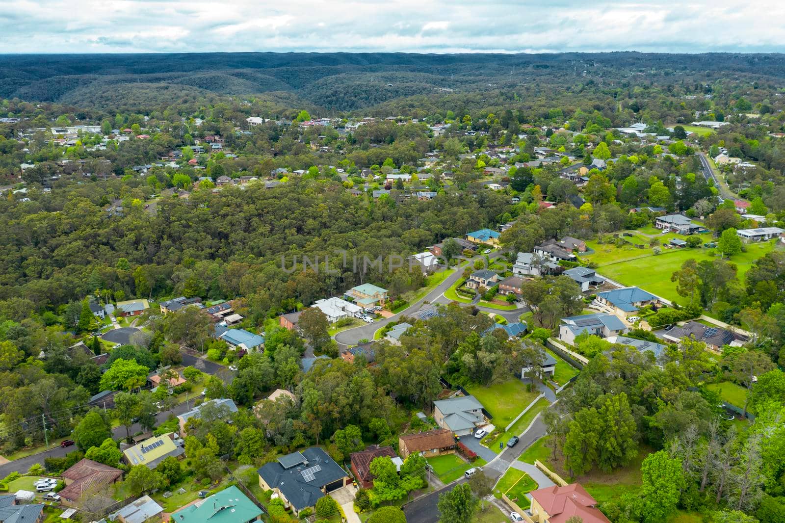 Aerial view of the township of Faulconbridge in The Blue Mountains in regional New South Wales in Australia