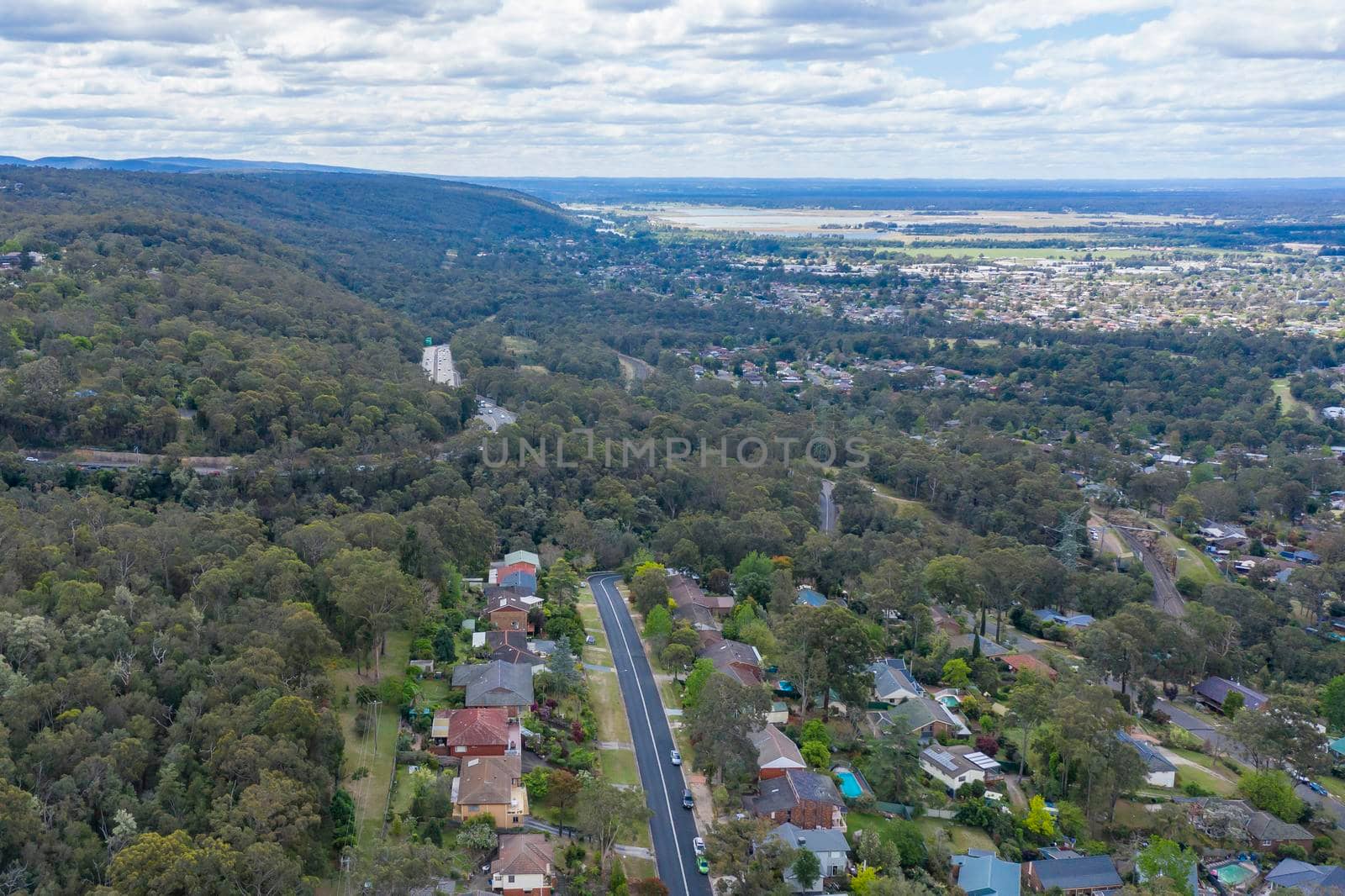 Aerial view of the township of Lapstone in regional New South Wales in Australia by WittkePhotos