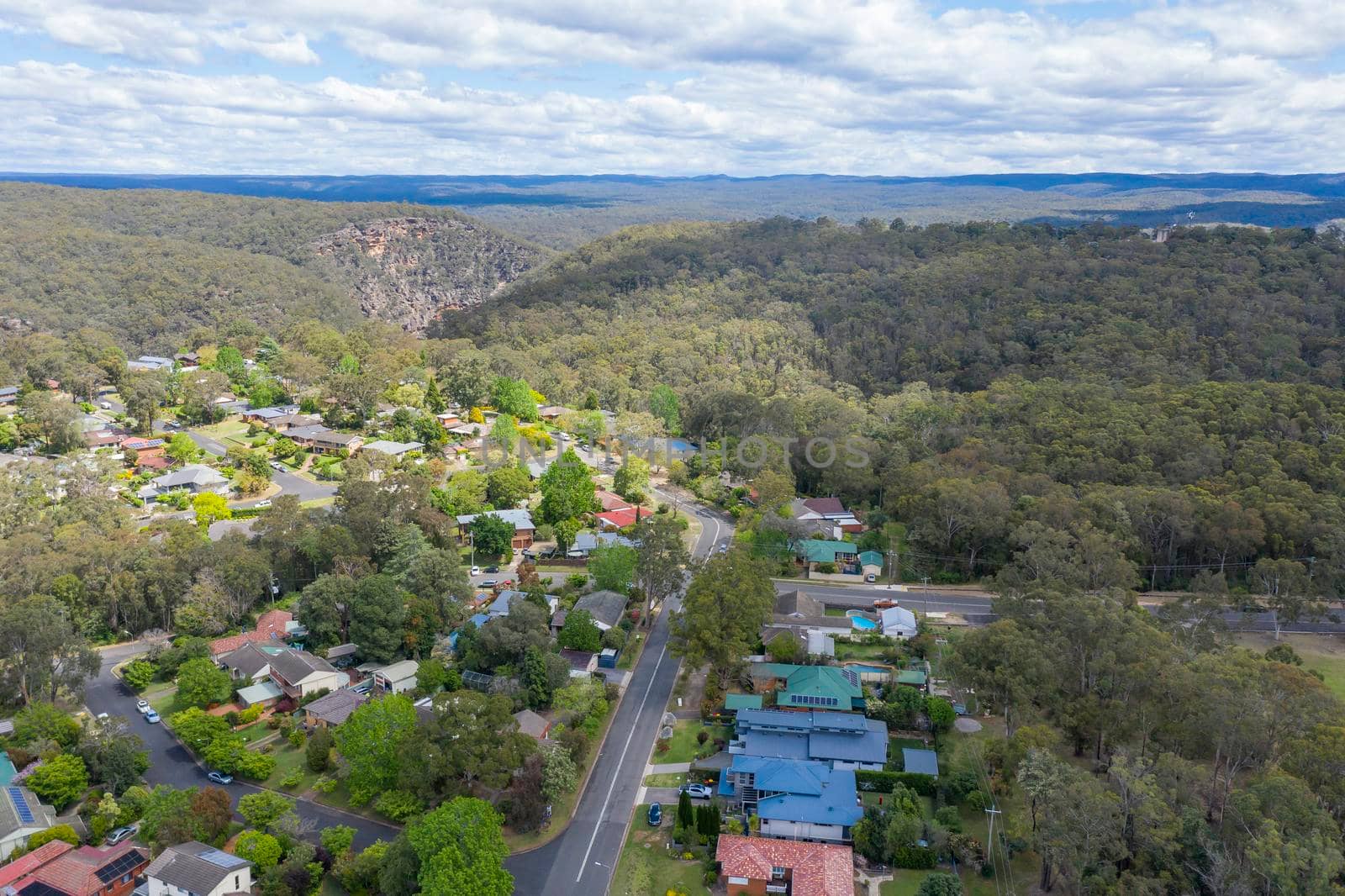 Aerial view of the township of Lapstone in regional New South Wales in Australia by WittkePhotos