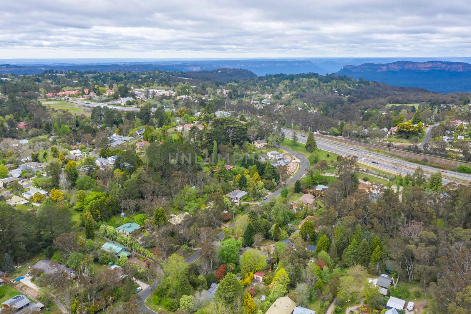 Aerial view of the township of Leura in regional New South Wales in Australia by WittkePhotos