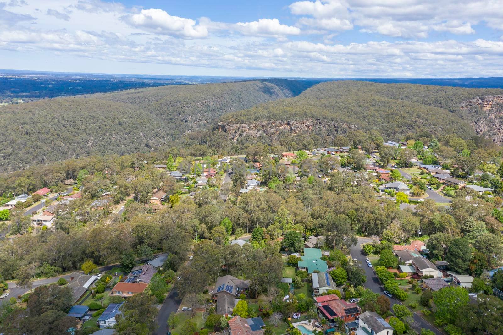 Aerial view of the township of Lapstone in regional New South Wales in Australia