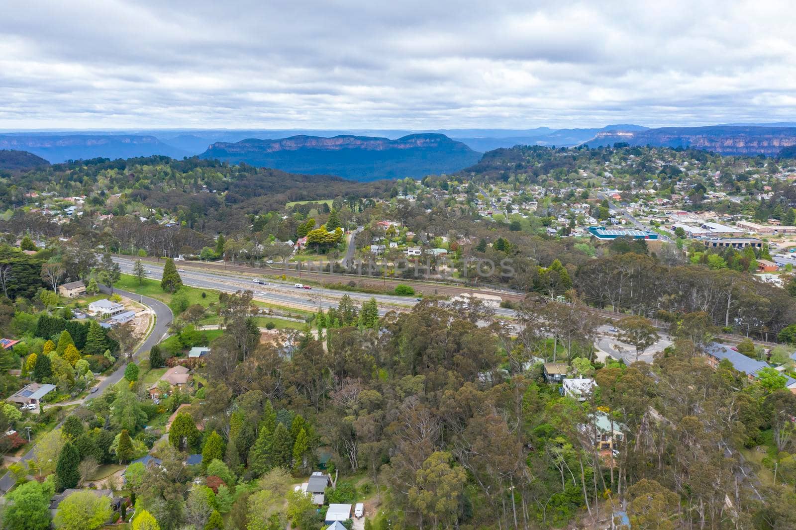 Aerial view of the township of Leura in regional New South Wales in Australia by WittkePhotos