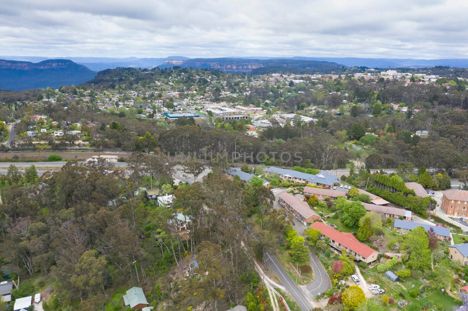 Aerial view of the township of Leura in regional New South Wales in Australia by WittkePhotos