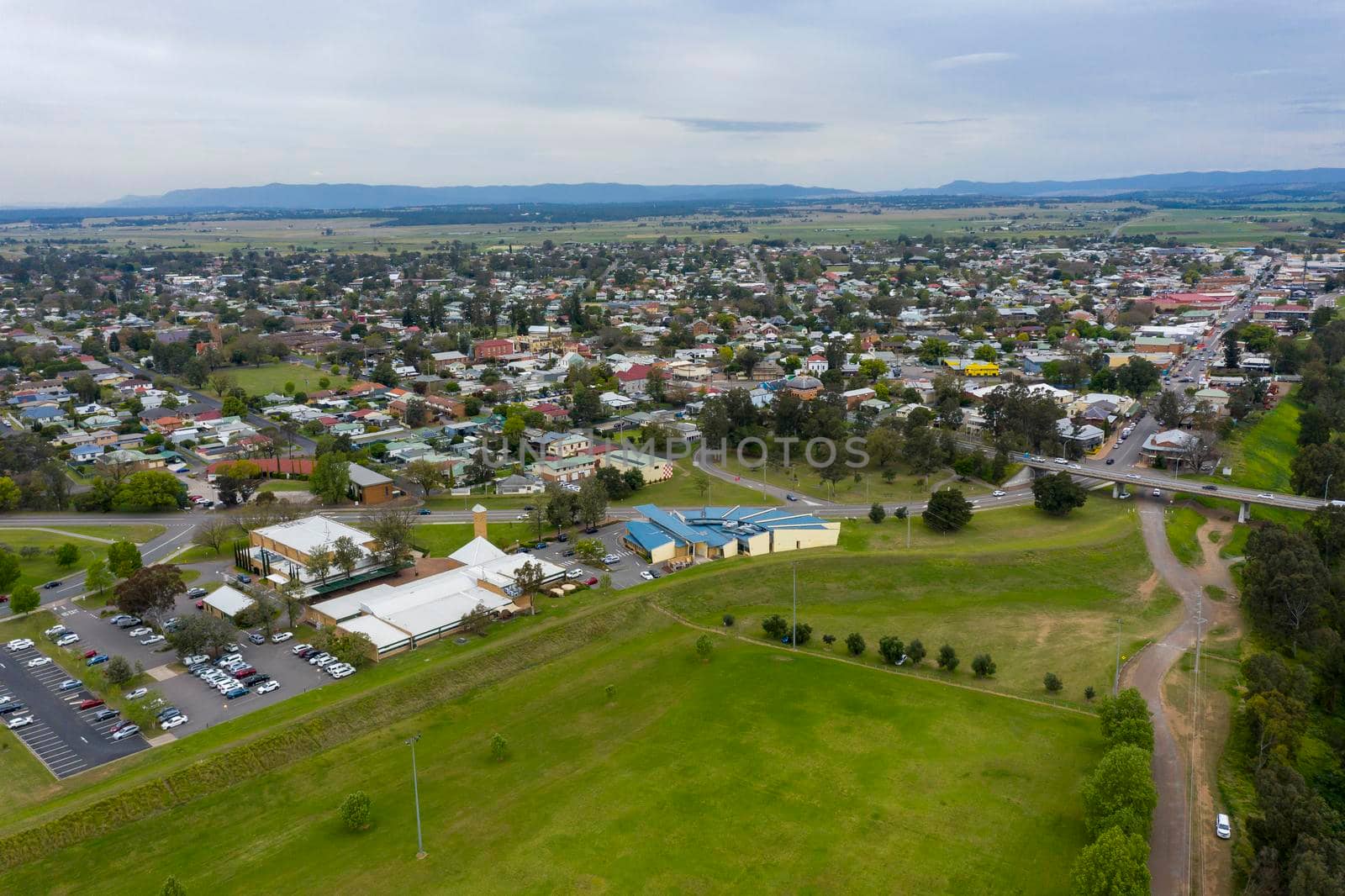 Aerial view of the township of Singleton in regional New South Wales in Australia by WittkePhotos