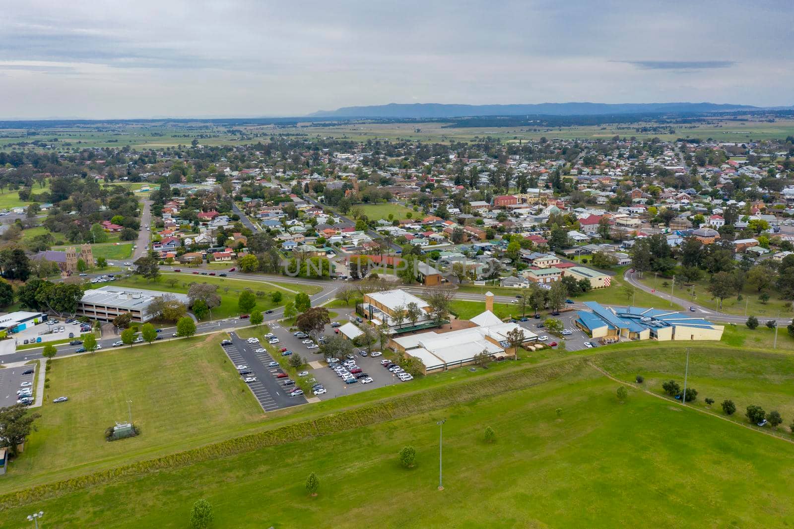 Aerial view of the township of Singleton in the Hunter Valley in regional New South Wales in Australia