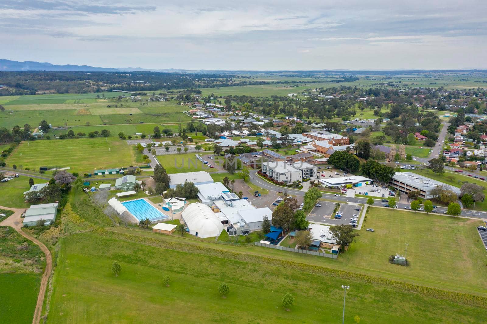 Aerial view of the township of Singleton in the Hunter Valley in regional New South Wales in Australia