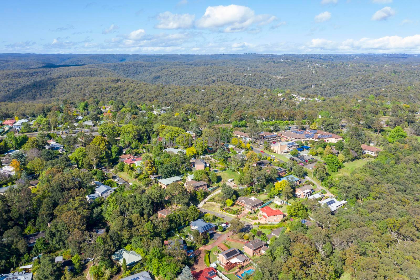 Aerial view of the township of Springwood in The Blue Mountains in regional New South Wales in Australia