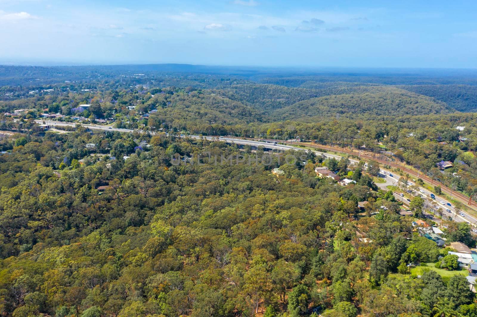 Aerial view of the township of Warrimoo and the Great Western Highway in regional in Australia by WittkePhotos