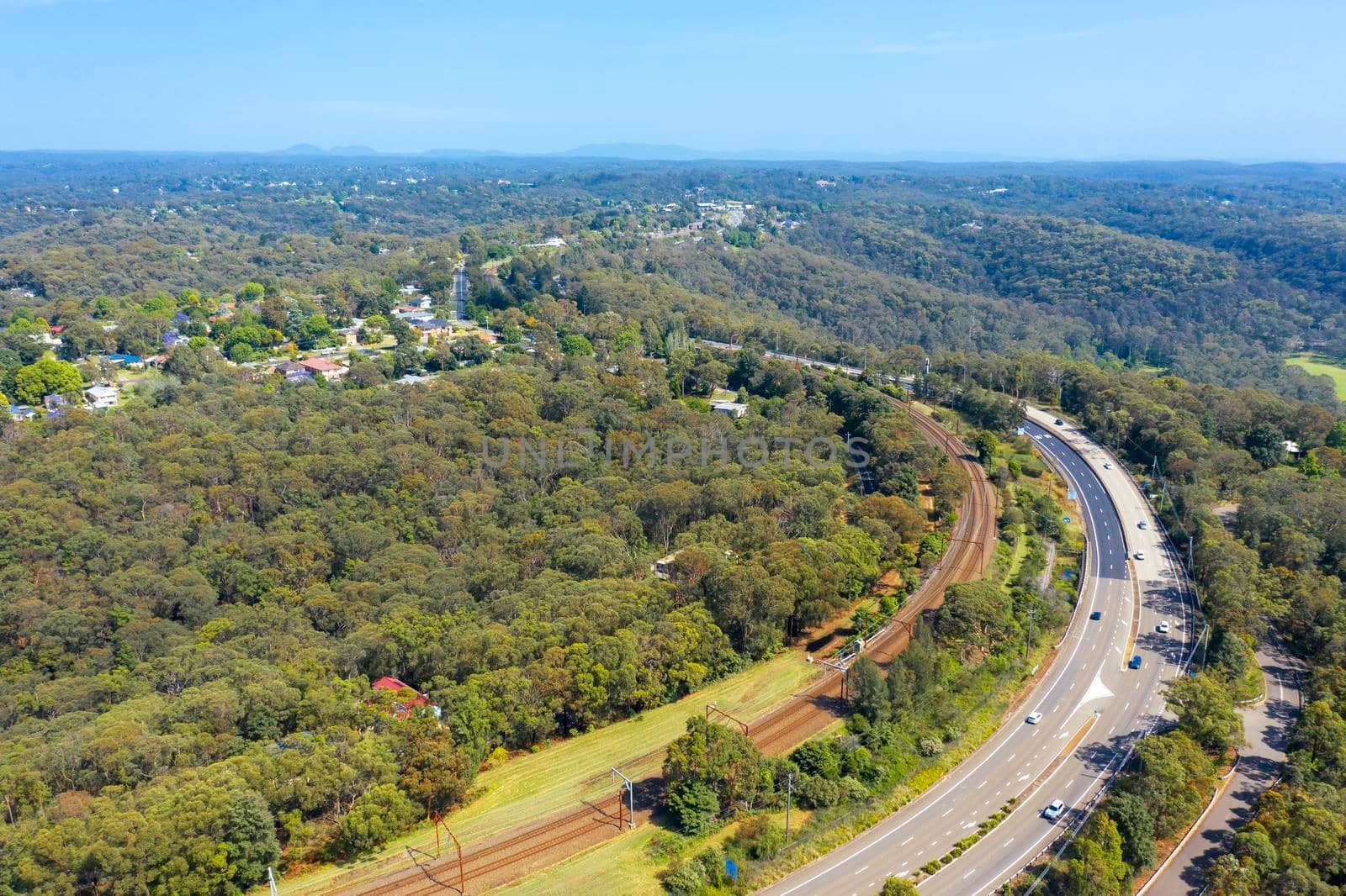 Aerial view of the township of Warrimoo and the Great Western Highway in regional in Australia by WittkePhotos