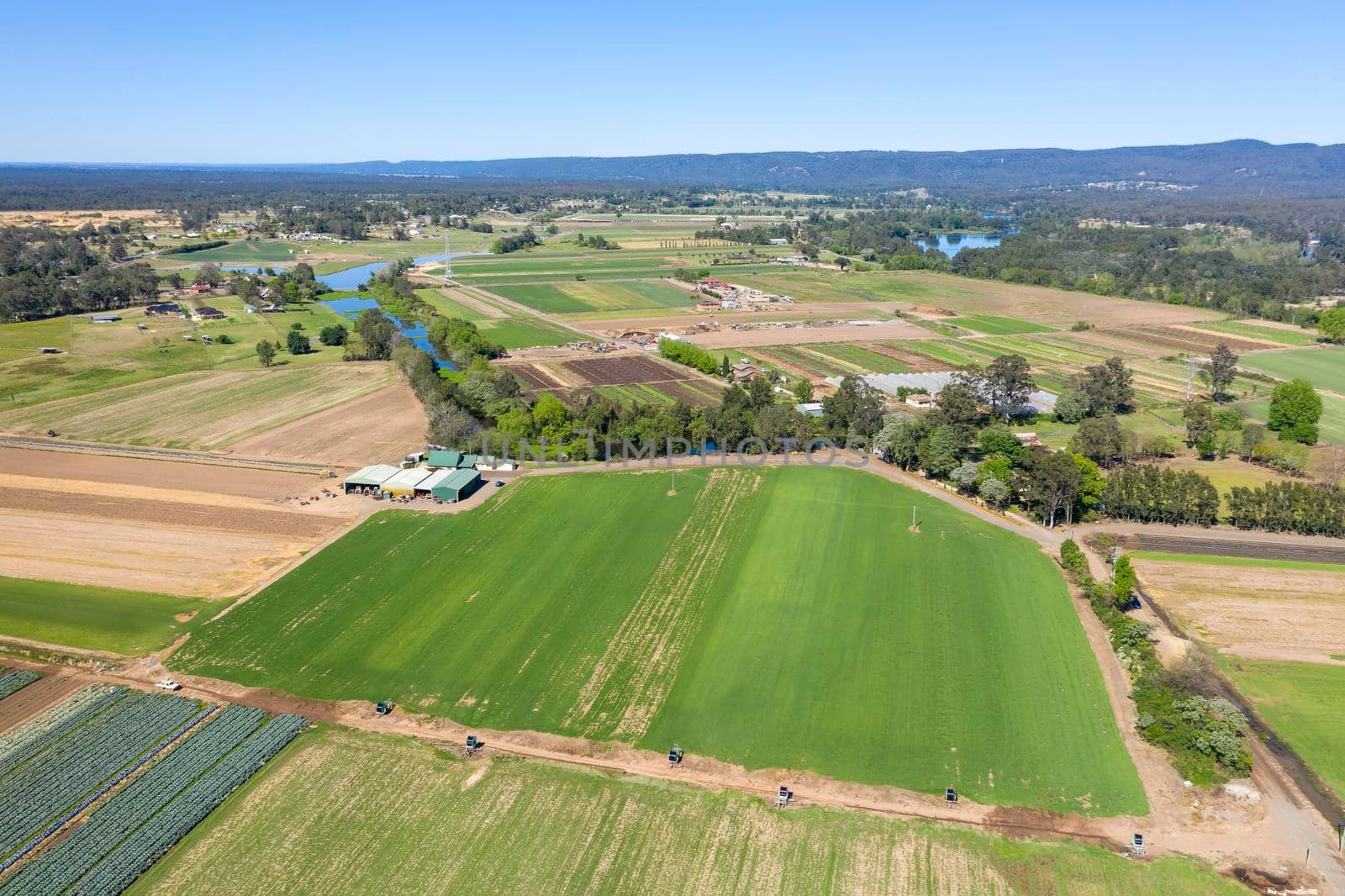 Aerial view of turf farms and agricultural farmland in regional New South Wales in Australia