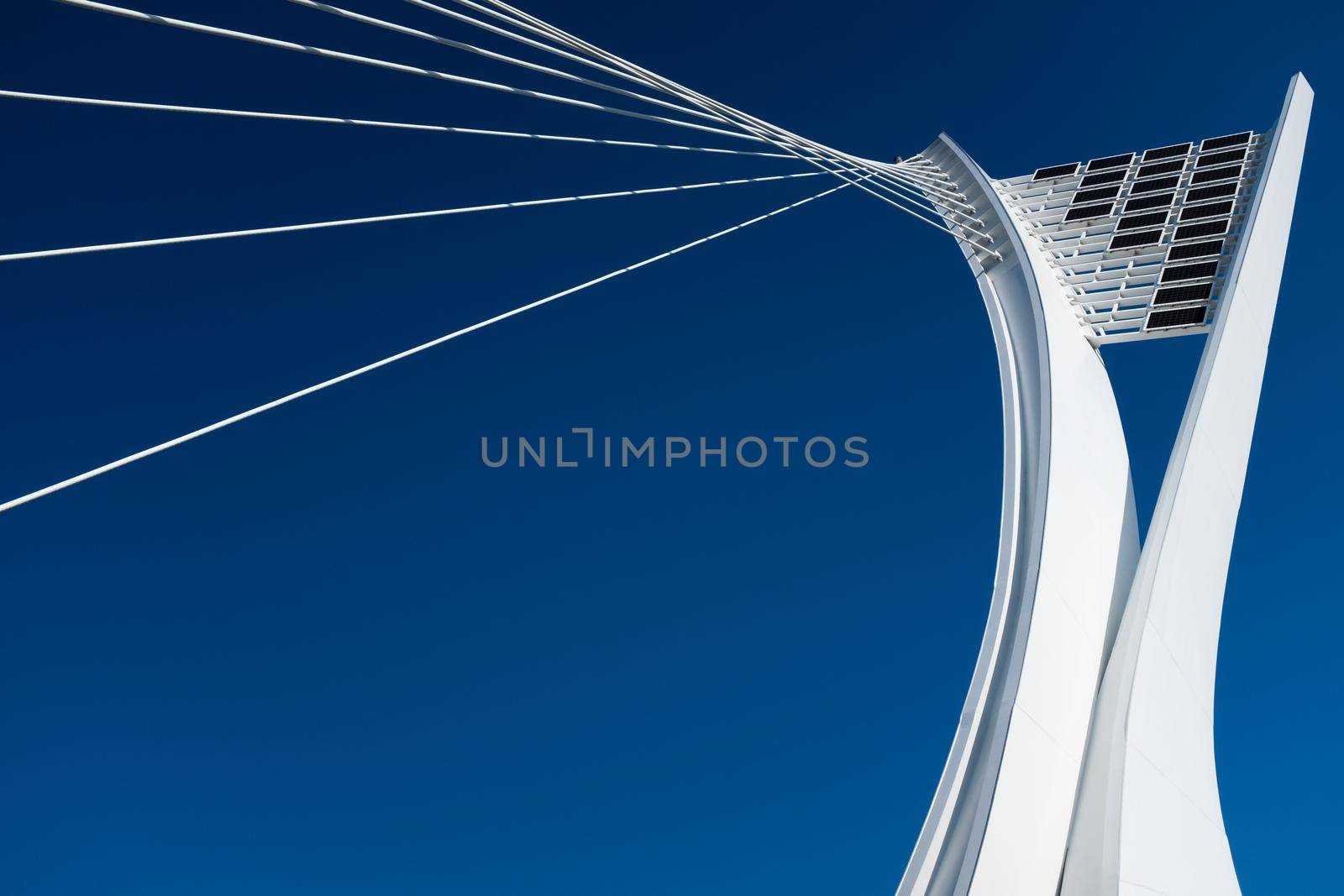 Low angle shot of the structural pennon and cables of the Flaiano bridge in Pescara, Abruzzo, Italy. by Riccarduska