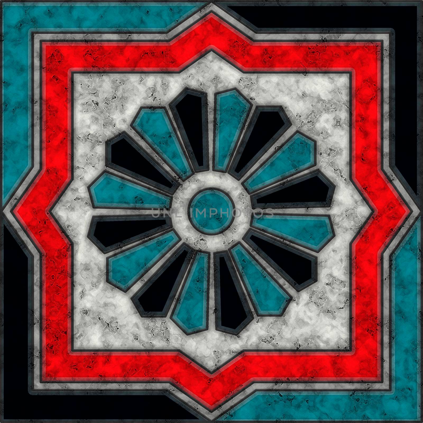Light blue, red, black and white marble tile with flower pattern