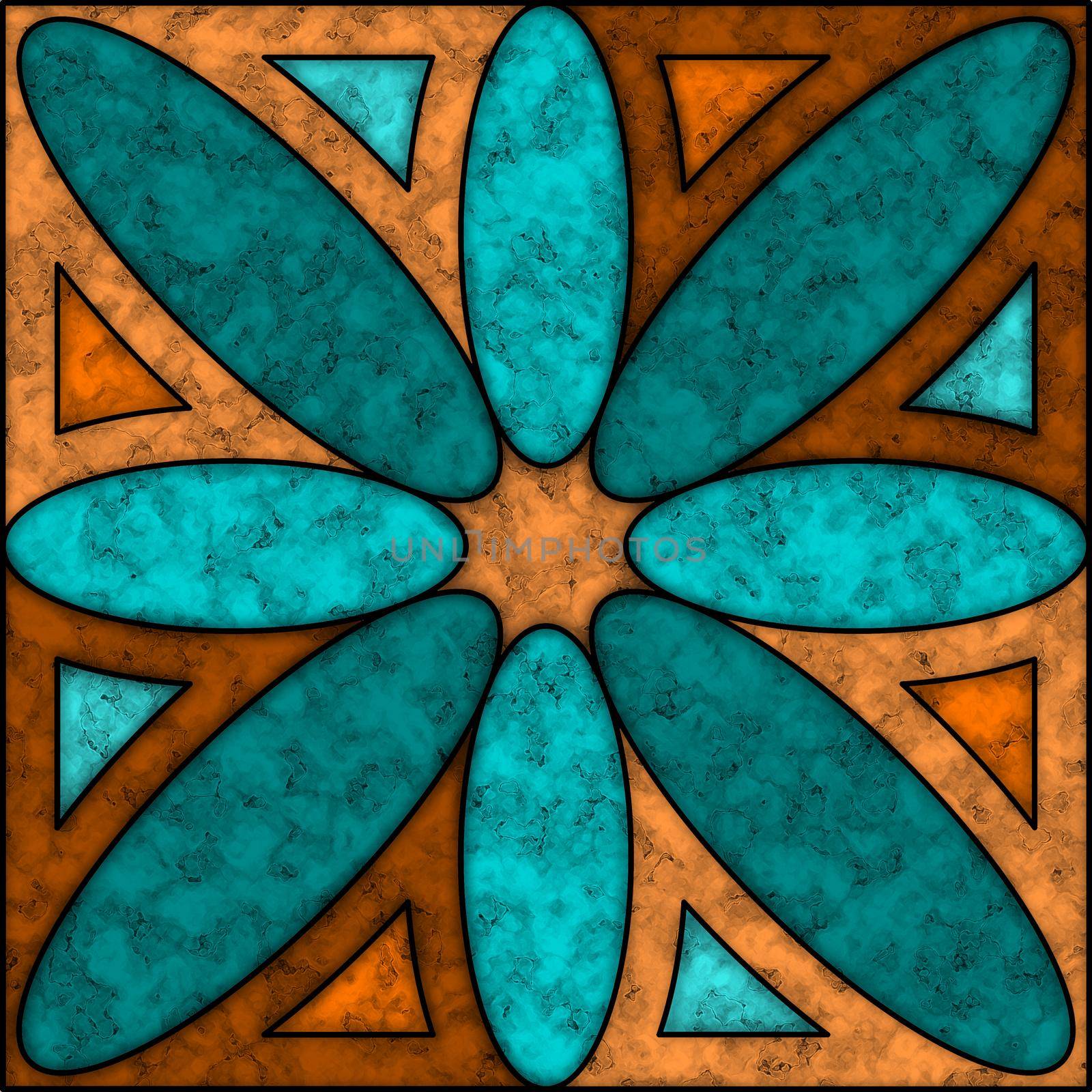 Light blue, navy, brown and light brown marble tile with flower pattern
