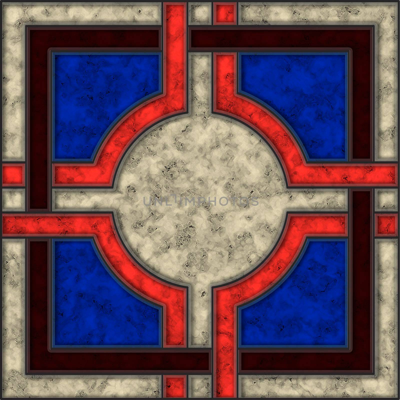 Blue, coral, brown and white marble tile with abstract geometric pattern