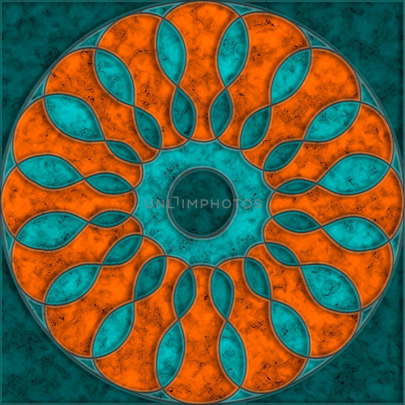 Blue and orange marble tile with abstract round pattern